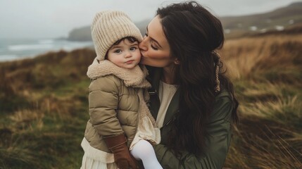 Fototapeta premium A woman is hugging a child in a field