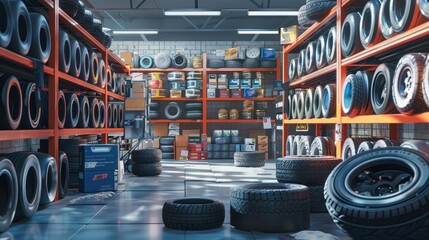 Obraz premium A Tire Warehouse Interior with Stacks of Tires and Car Parts