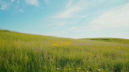 Prairie Grassland, a wide expanse of green grass with yellow and purple wildflowers scattered among it, a gentle breeze blowing the tall grass until it sways gently, Ai generated images