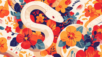 ヘビと花の年賀状素材