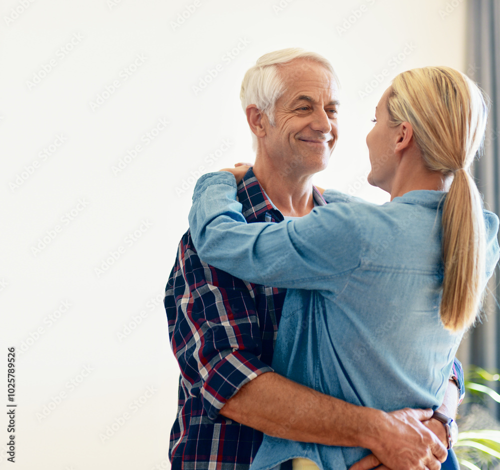 Sticker Mature couple, happiness and hug in home for love, together and embrace as romantic partner. Woman, man and affection for bonding, relationship and marriage for relax, support and care in living room