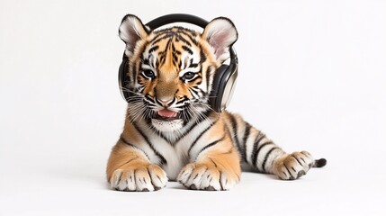 Obraz premium Young Tiger Cub Enjoying Music with Headphones