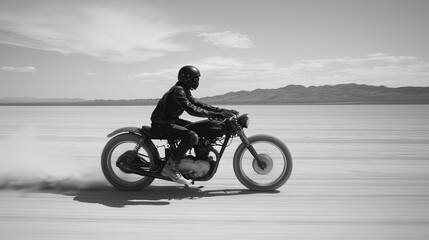 A black-and-white photo of a man riding a vintage motorcycle at high speed across a desert landscape. He is wearing a helmet and leather jacket, with a blurred background conveying a sense of speed