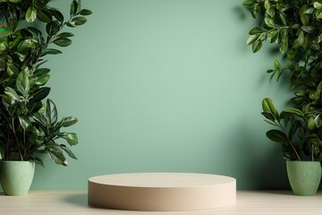 Modern showcase with a circular platform and greenery, ideal for product display or promotional presentations in a serene setting