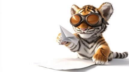 Obraz premium Cute Tiger Cub in Goggles with a Paper Airplane