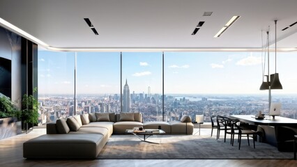 Modern living room with panoramic city view, featuring sleek furniture and a dining area.