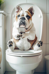 Bulldog looking at smartphone in toilet generated by AI