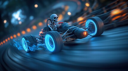 A skeleton racing in a futuristic go-kart on a vibrant, illuminated track.