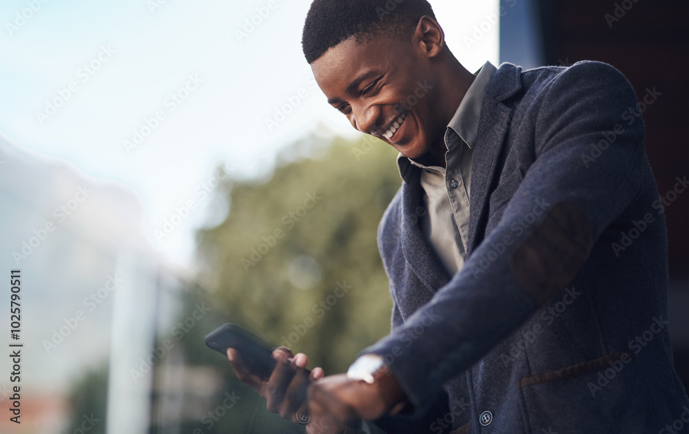 Aufkleber man, phone and laughing for conversation on balcony, black person and networking client in office. m