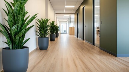 Fototapeta premium Spacious openplan office with wooden floors, potted plants, and a neutral color palette, combining modern aesthetics with sustainability, ecofriendly office, modern workspace