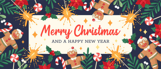 Christmas and New Year banner. Vector design template on a dark blue background with gingerbread, sweets, festive symbols and design elements. Hand-drawn flat cartoon style.