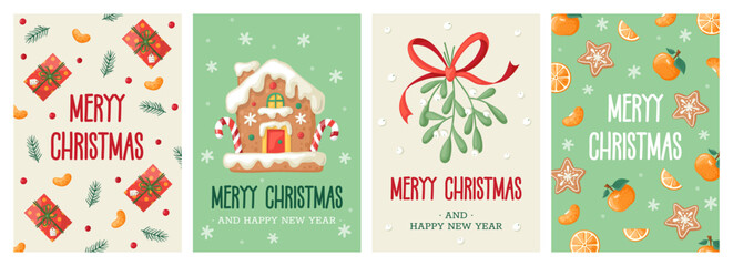 Set of Christmas greeting cards with gingerbread house, mistletoe with bow, mandarin, gift boxes and snowflakes.