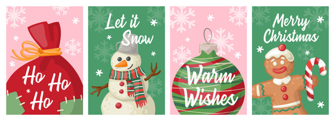 Set of Christmas and New year postcards with gingerbread man, christmas ball, santa's bag, snowman and snowflakes on a pink and green backgrounds.