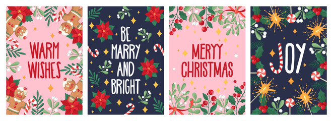 Set of Christmas and New Year greeting cards with drawn decorative elements on dark blue and pink background.
