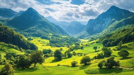 Fototapeta premium Majestic view of beautiful lush green valley with trees and colorful grass against picturesque high mountains