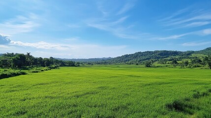 Obraz premium Vivid Green Field: Ideal Outdoor Adventure and Nature Exploration Setting Under Bright Sky