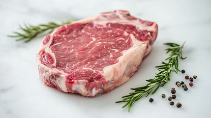 Obraz premium Fresh pork steak with visible marbled fat on white plate
