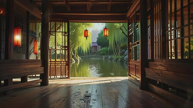 Traditional Chinese room with wooden plank floor, seamless 4K virtual video animation background