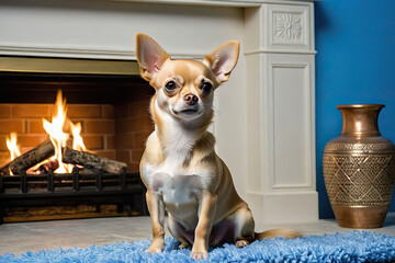 A Chihuahua sitting in front of the fireplace, enjoying the warmth.