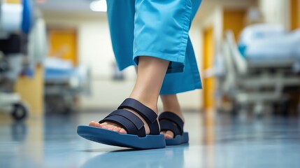 A doctor or nurse walking through a hospital ward, wearing striking blue-black sandals, The focus is on the blue-black sandals