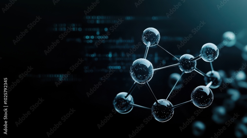 Poster abstract depiction of drug design, with floating molecular structures surrounded by code and digital