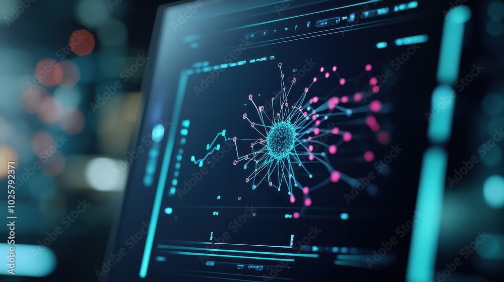 Poster A digital screen showing a time-series analysis of drug efficacy, with graphs and dynamic changes in cellular activity visualized in a sleek, futuristic laboratory