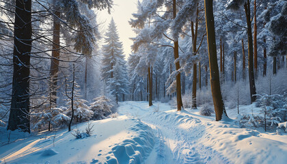 Winter Forest Road with Majestic Mountain View. Snowy Mountain Trail with Winter Pines
