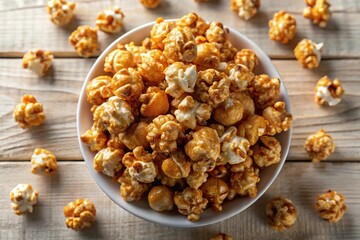 Closeup of sweet and crunchy caramel popcorn in a bowl and spilled over to a plate beneath high angle