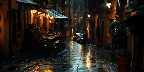 A lone pedestrian walks down a cobblestone street lined with buildings in the rain, illuminated by warm streetlights, a restaurant with tables set for an evening meal waits on the left side.