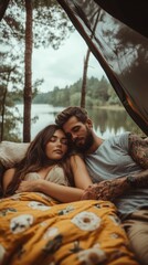 Obraz premium A man and a woman are cuddling in a tent by a lake