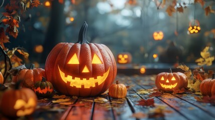 Fototapeta premium Jack O Lantern Pumpkins on Wooden Deck with Autumn Leaves for Halloween