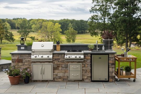 A large outdoor kitchen with a grill, sink, and refrigerator