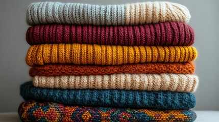 A pile of sweaters stacked high on top of each other 