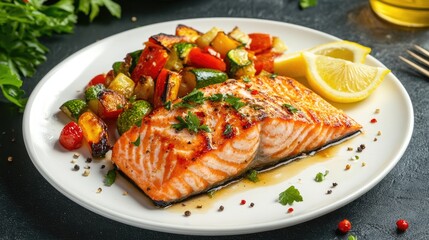 Grilled Salmon Fillets with Vegetables on Plate