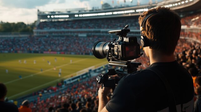Cameraman filming soccer match in stadium, capturing live sports action