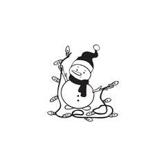 snowman holding garland vector sketch. cute snowman in santa claus hat hand drawing