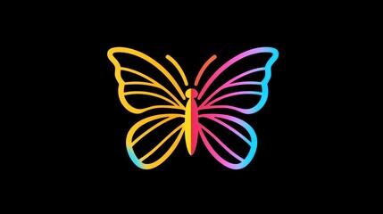 Colorful line art illustration of a butterfly on a black background.