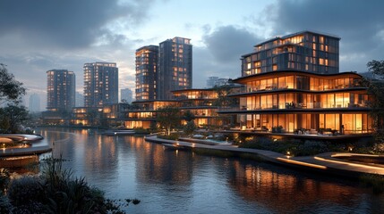 Fototapeta premium A cutting-edge urban waterfront development with mixed-use buildings, boardwalks, and recreational areas, reflecting the modern approach to sustainable city living.