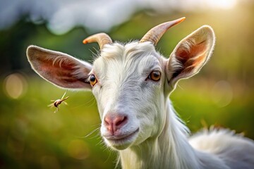 Obraz premium Close-up of ticks attached to the ear of a white domestic goat