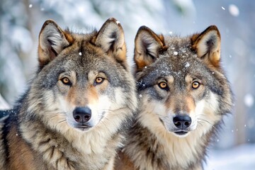 Fototapeta premium Close-up of two wild wolves in snowy winter landscape
