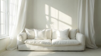 Fototapeta premium Cozy White Sofa in Sunlit Room
