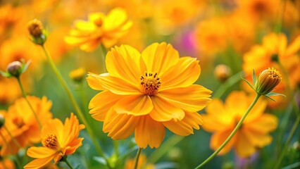 Obraz premium Closeup of vibrant yellow cosmos flowers in a garden Macro
