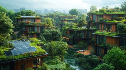 Obraz premium A carefully planned urban housing complex with green roofs, solar panels, and shared courtyards, promoting sustainable living in a densely populated area.