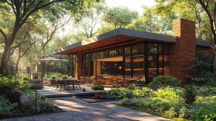 Fototapeta premium A stylish urban cafÃ© with outdoor seating, contemporary architecture, and lush greenery, creating a perfect spot for socializing in the city.