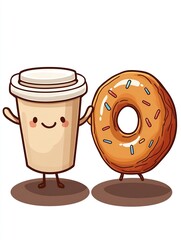 Cute cartoon coffee cup and donut holding hands on a white background