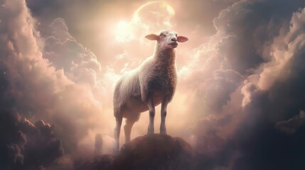 The sacrificed lamb of the Bible in double exposure in heaven