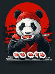Panda in a red bandana eating sushi rolls with chopsticks in front of a red rising sun on black background. Modern Asian vibe