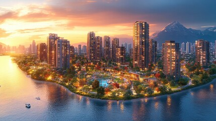 Fototapeta premium A panoramic view of an urban riverside development with a mix of residential towers, commercial spaces, and public parks, highlighting the city's growth along the waterfront.