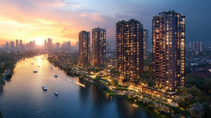 Obraz premium A panoramic view of an urban riverside development with a mix of residential towers, commercial spaces, and public parks, highlighting the city's growth along the waterfront.