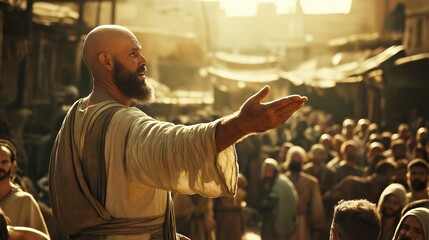 Cinematic, bald and bearded Paul, around 55 years old, preaching passionately to a crowd of gentiles in an open marketplace